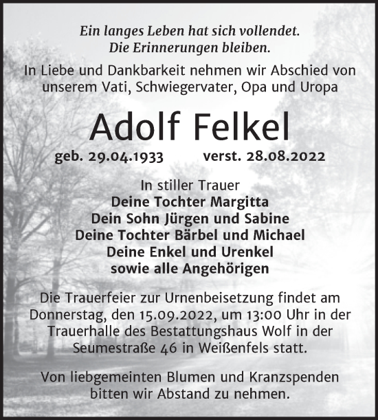Traueranzeige von Adolf Felkel von Trauerkombi Weißenfels