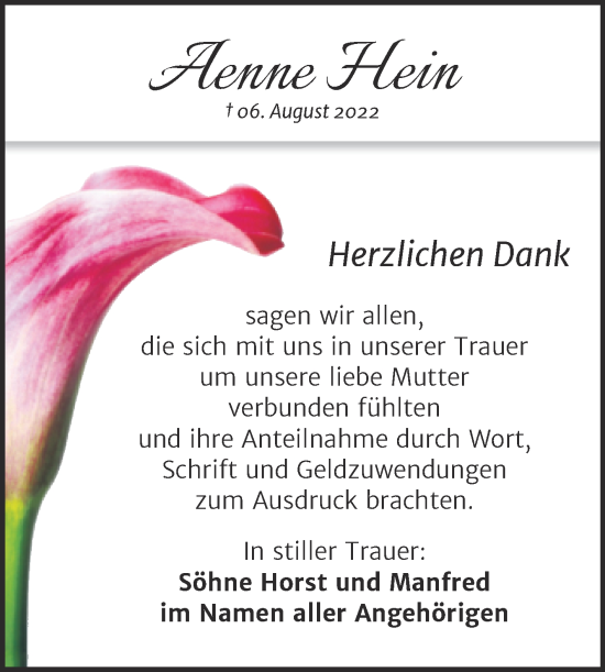 Traueranzeige von Aenne Hein von Trauerkombi Dessau