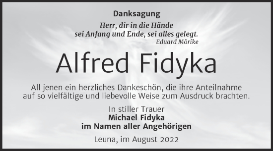 Traueranzeige von Alfred Fidyka von Trauerkombi Merseburg