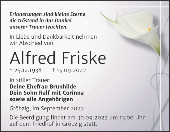 Traueranzeige von Alfred Friske von Trauerkombi Köthen