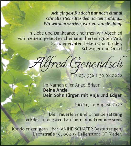 Traueranzeige von Alfred Genendsch von Trauerkombi Quedlinburg