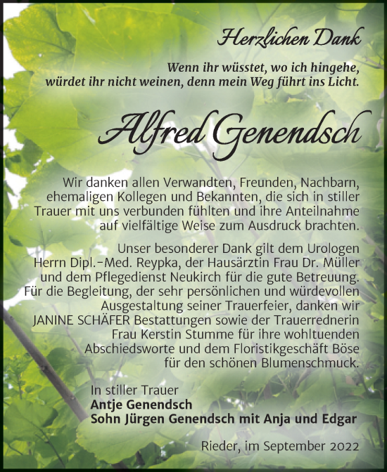 Traueranzeige von Alfred Genendsch von Trauerkombi Quedlinburg