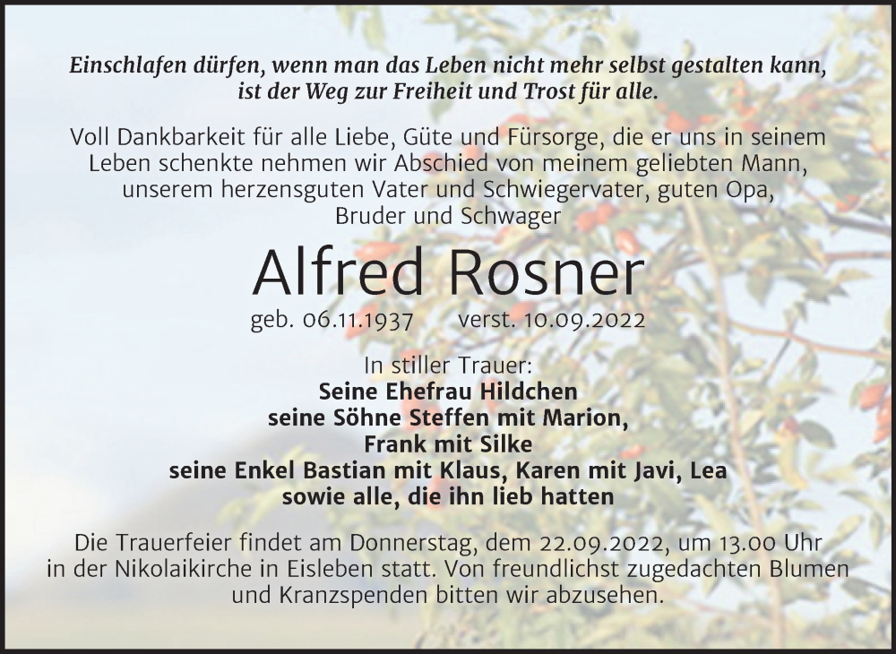  Traueranzeige für Alfred Rosner vom 17.09.2022 aus Trauerkombi Mansfelder Land