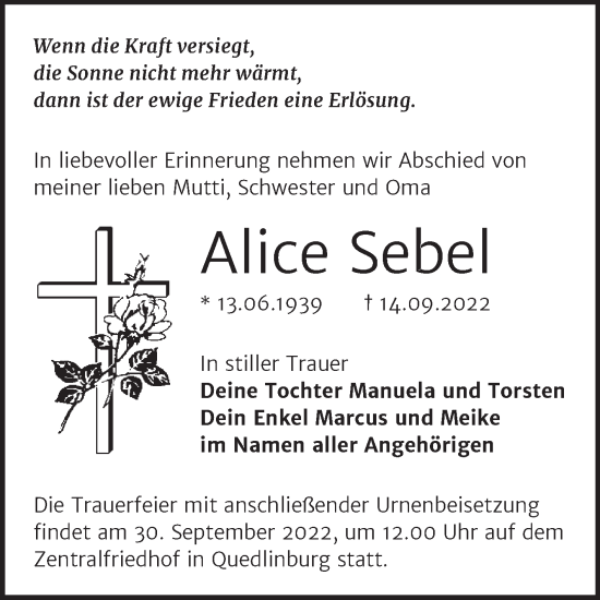 Traueranzeige von Alice Sebel von Trauerkombi Quedlinburg