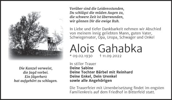 Traueranzeige von Alois Gahabka von Trauerkombi Bitterfeld
