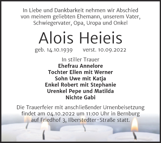 Traueranzeige von Alois Heieis von Trauerkombi Bernburg