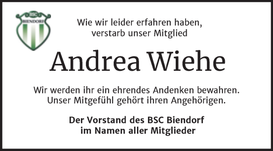 Traueranzeige von Andrea Wiehe von Super Sonntag Bernburg