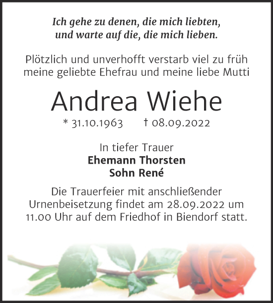 Traueranzeige von Andrea Wiehe von Trauerkombi Bernburg