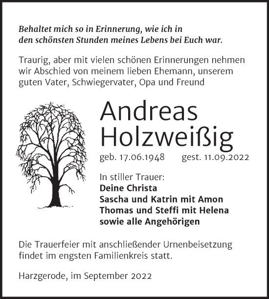 Traueranzeige von Andreas Holzweißig von Trauerkombi Quedlinburg