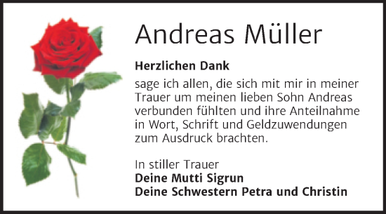 Traueranzeige von Andreas Müller von Trauerkombi Aschersleben