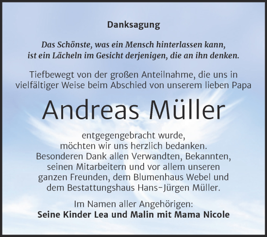 Traueranzeige von Andreas Müller von Trauerkombi Aschersleben