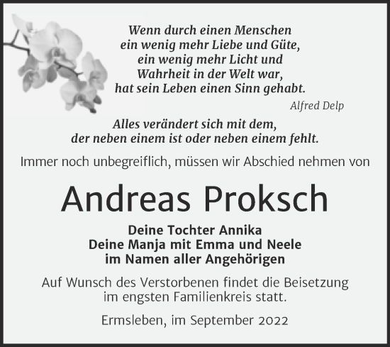 Traueranzeige von Andreas Proksch von Trauerkombi Quedlinburg