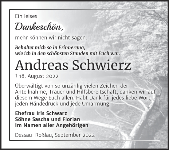 Traueranzeige von Andreas Schwierz von Trauerkombi Dessau