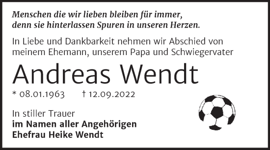 Traueranzeige von Andreas Wendt von Trauerkombi Bernburg