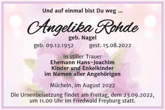 Traueranzeige von Angelika Rohde von Trauerkombi Merseburg