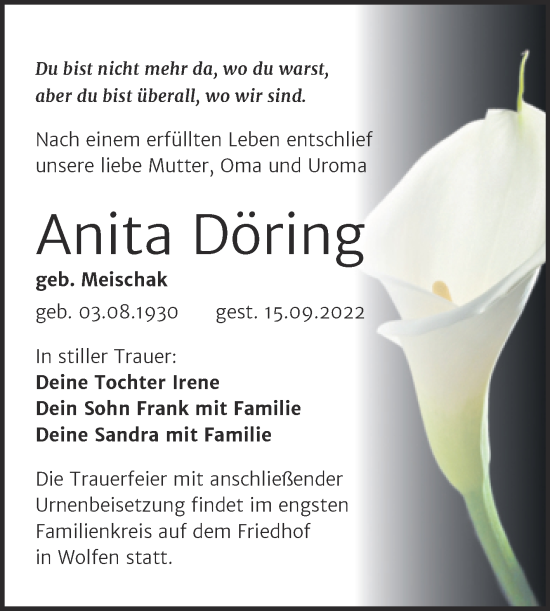Traueranzeige von Anita Döring von Trauerkombi Bitterfeld