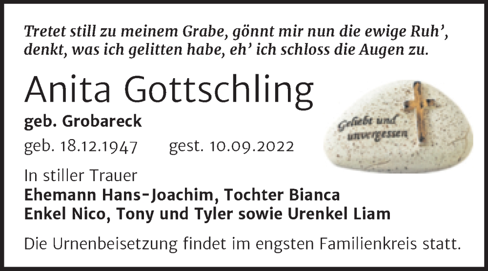  Traueranzeige für Anita Gottschling vom 16.09.2022 aus Trauerkombi Merseburg