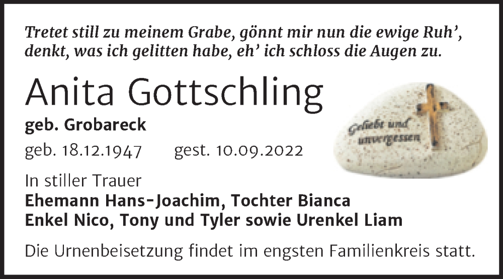  Traueranzeige für Anita Gottschling vom 17.09.2022 aus Trauerkombi Merseburg