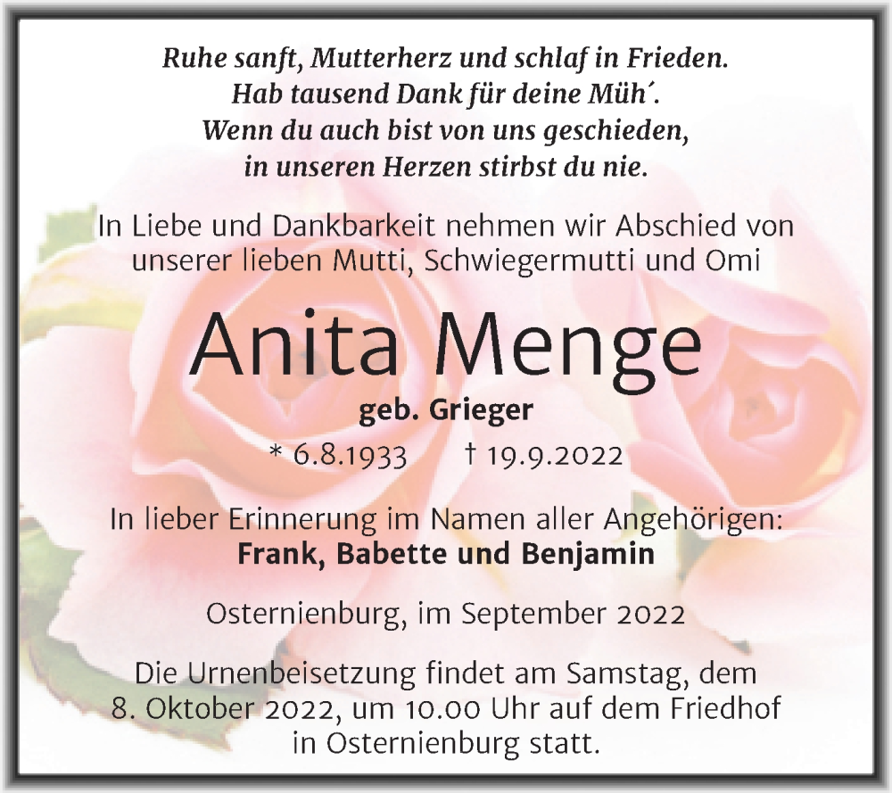  Traueranzeige für Anita Menge vom 24.09.2022 aus Trauerkombi Köthen