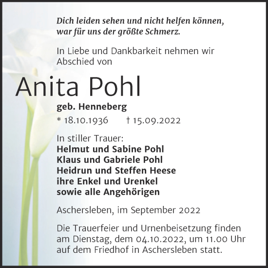 Traueranzeige von Anita Pohl von Trauerkombi Aschersleben