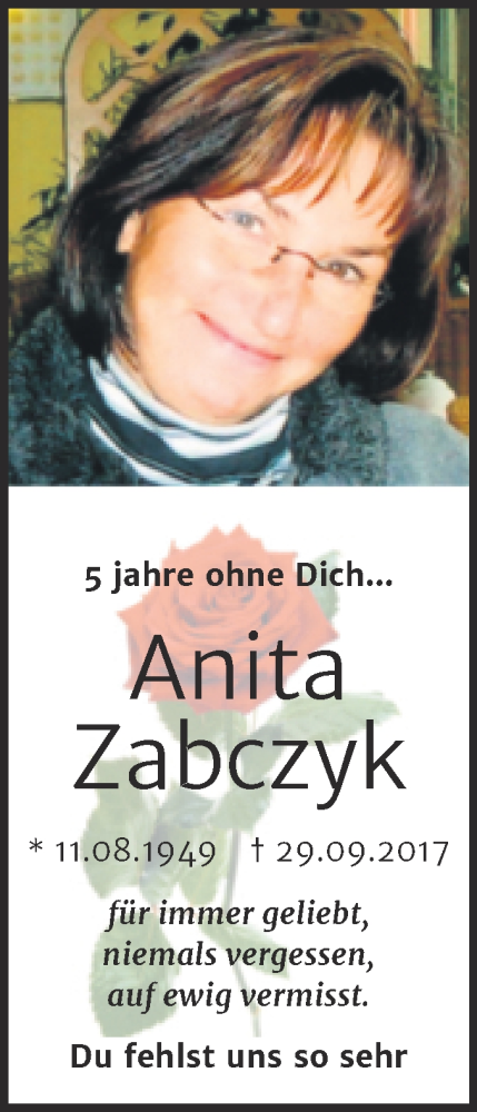  Traueranzeige für Anita Zabczyk vom 29.09.2022 aus Trauerkombi Merseburg