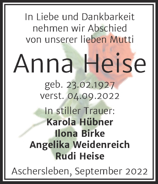 Traueranzeige von Anna Heise von Trauerkombi Aschersleben