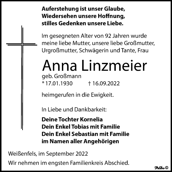 Traueranzeige von Anna Linzmeier von Trauerkombi Weißenfels