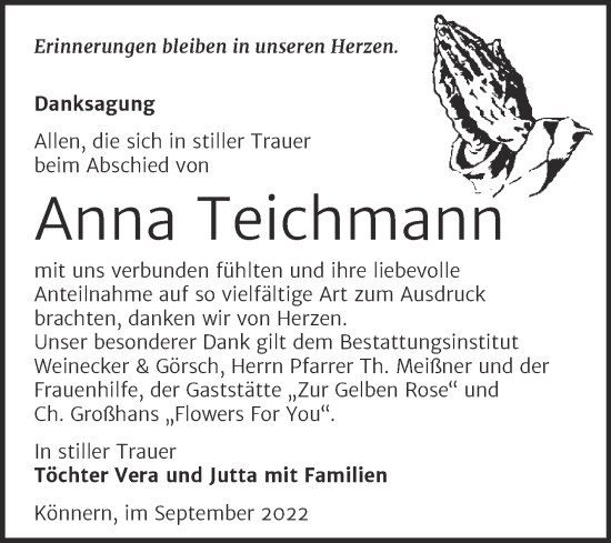 Traueranzeige von Anna Teichmann von Trauerkombi Bernburg