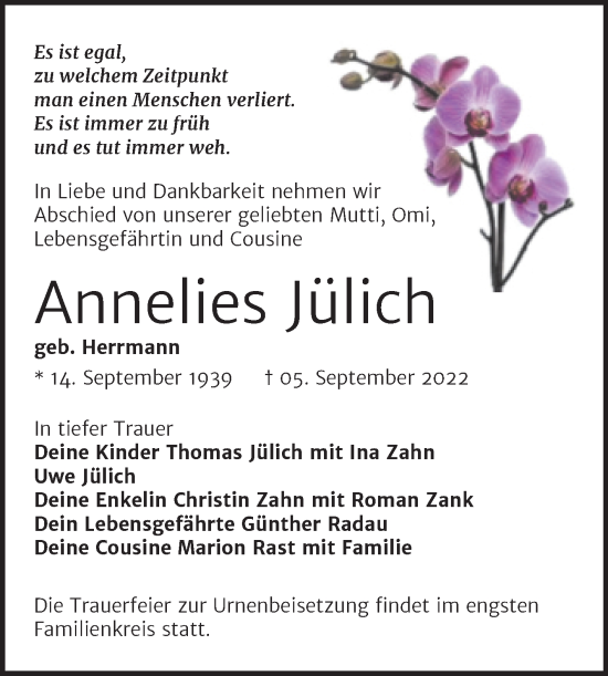 Traueranzeige von Annelies Jülich von Trauerkombi Zeitz