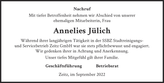 Traueranzeige von Annelies Jülich von Super Sonntag Zeitz