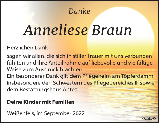Traueranzeige von Anneliese Braun von Trauerkombi Weißenfels