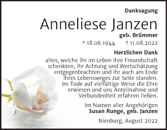 Traueranzeige von Anneliese Janzen von Trauerkombi Bernburg