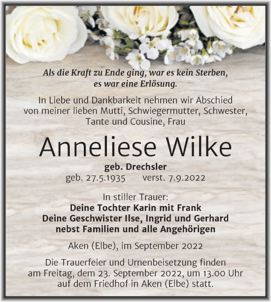 Traueranzeige von Anneliese Wilke von Trauerkombi Köthen