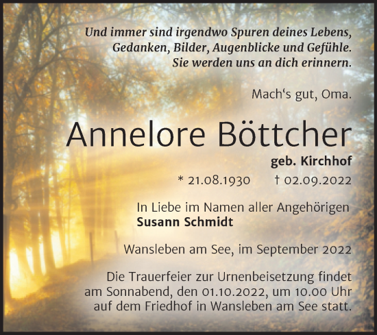 Traueranzeige von Annelore Böttcher von Trauerkombi Mansfelder Land