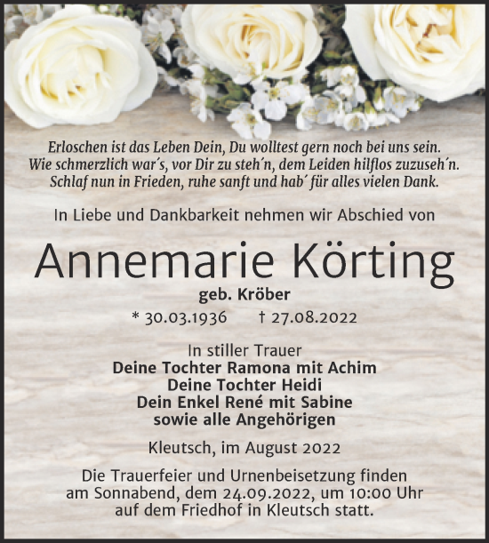 Traueranzeige von Annemarie Körting von Trauerkombi Dessau