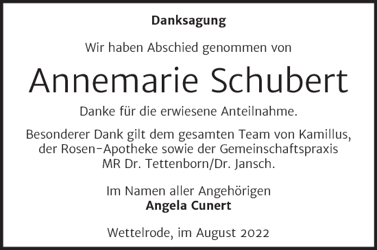 Traueranzeige von Annemarie Schubert von Trauerkombi Sangerhausen