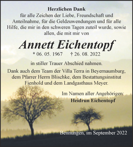 Traueranzeige von Annett Eichentopf von Trauerkombi Sangerhausen