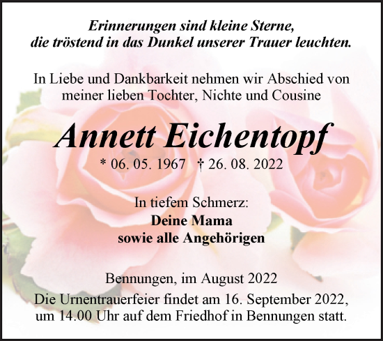 Traueranzeige von Annett Eichentopf von Trauerkombi Sangerhausen