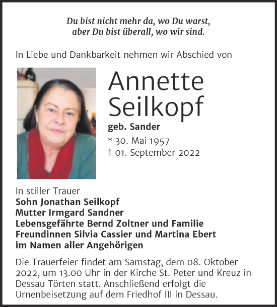 Traueranzeige von Annette Seilkopf von Trauerkombi Dessau