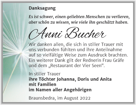 Traueranzeige von Anni Bucher von Trauerkombi Merseburg