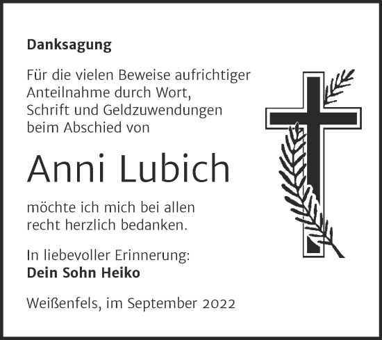 Traueranzeige von Anni Lubich von Trauerkombi Weißenfels