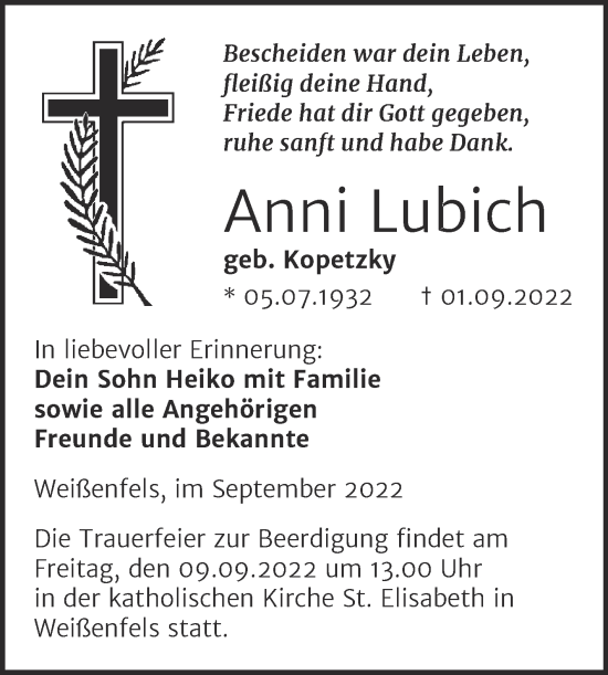 Traueranzeige von Anni Lubich von Trauerkombi Weißenfels