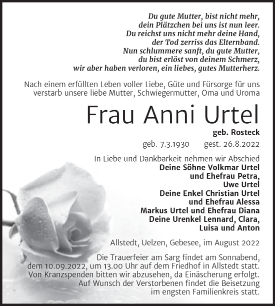 Traueranzeige von Anni Urtel von Trauerkombi Sangerhausen
