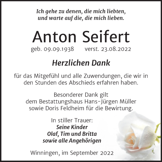 Traueranzeige von Anton Seifert von Trauerkombi Aschersleben
