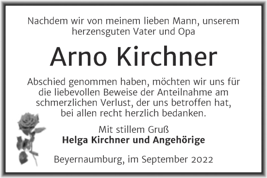 Traueranzeige von Arno Kirchner von Trauerkombi Sangerhausen
