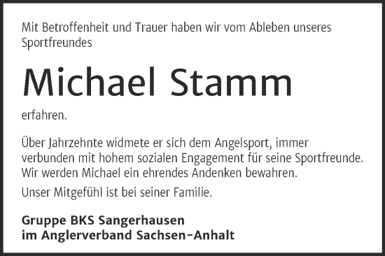 Traueranzeige von Michael Stamm von Trauerkombi Sangerhausen