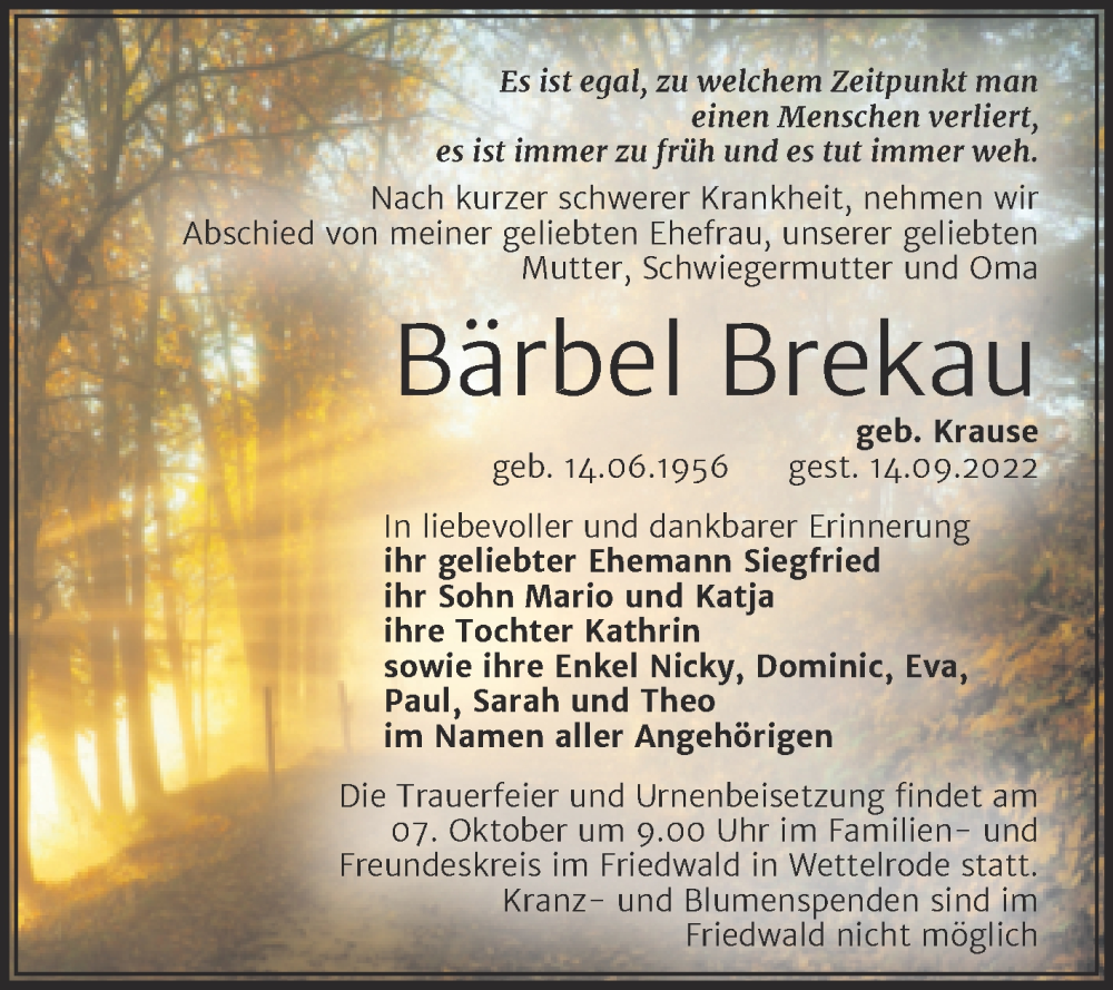  Traueranzeige für Bärbel Brekau vom 23.09.2022 aus Trauerkombi Mansfelder Land