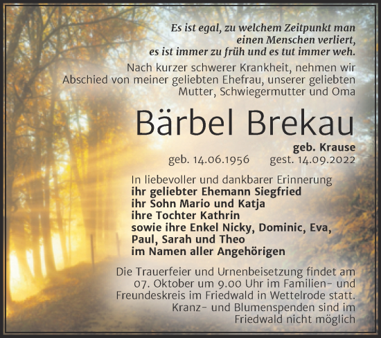 Traueranzeige von Bärbel Brekau von Trauerkombi Mansfelder Land