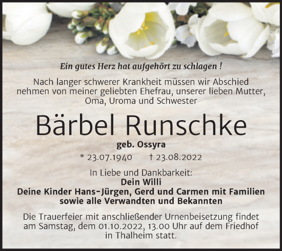 Traueranzeige von Bärbel Runschke von Trauerkombi Bitterfeld
