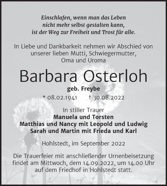 Traueranzeige von Barbara Osterloh von Trauerkombi Sangerhausen